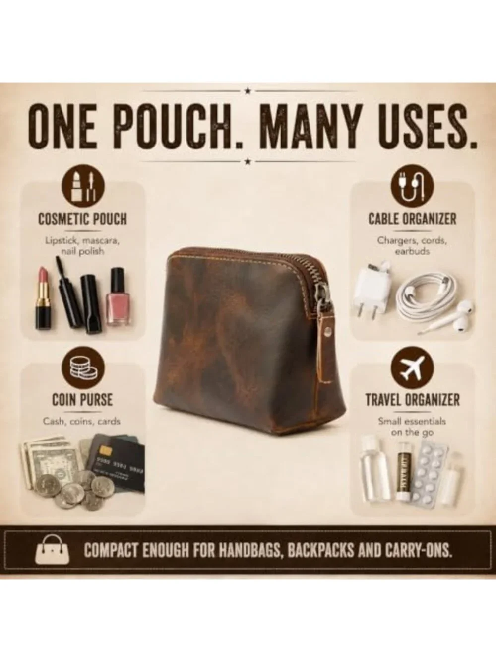 Premium Full Grain Leather Makeup Pouch - Small Travel Toiletry Organizer Bag